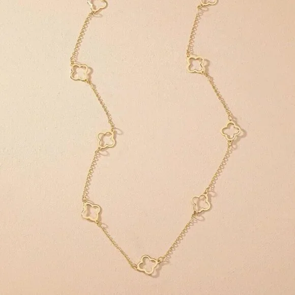 Four Leaf Clover Gold  Long  Necklace - Picture 4 of 6